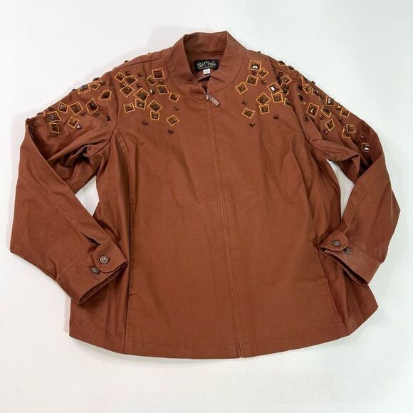 Bob Mackie Wearable Art Jacket Womens 1X Brown Cotton Embellished Gems Full Zip - Picture 1 of 11